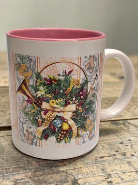 Vintage Ceramic Christmas Mug With Pink Interior & Holiday Wreath Design 12 oz H